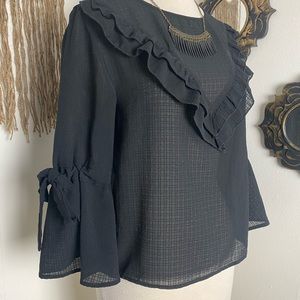 Offer CAD 3/4 bell sleeves with ties black sheer square print ruffle front top M